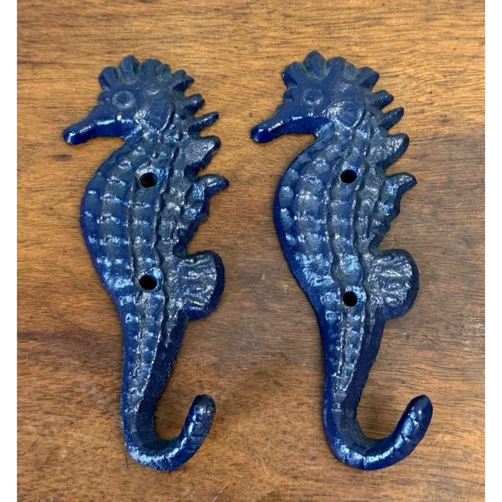 Vintage Cast Iron Seahorse Wall Hooks Set of 2 Navy Blue Coastal Nautical 5.25
